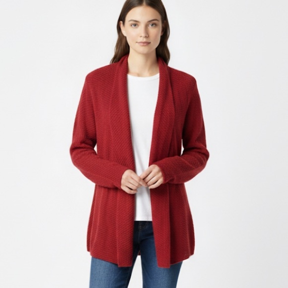 Eileen Fisher Wool Open Front Textured Knit Cardigan Sweater Red Size XL